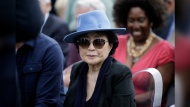 Yoko Ono appears before the dedication ceremony for her permanent art installation, a sculpture called SKYLANDING, at Jackson Park, Oct. 17, 2016, in Chicago. One of the country’s leading artist residency programs, MacDowell, has awarded a lifetime achievement prize to Ono. The groundbreaking artist, filmmaker and musician is the 2024 recipient of the Edward MacDowell Medal, an honor previously given to Stephen Sondheim and Toni Morrison among others. (AP Photo/Kiichiro Sato, File)