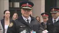 Toronto Police Chief Myron Demkiw speaks during an April 21 news conference outside the University Avenue Courthouse shortly after a jury acquitted Umer Zameer of the first-degree murder of Det. Const. Jeffrey Northrup.