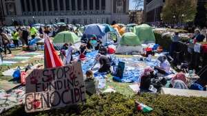 A sign sits erected at the Pro-Palestine protest encampment at the Columbia University campus in New York on Monday April 22, 2024. (Stefan Jeremiah / AP Photo)
