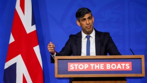 British Prime Minister Rishi Sunak speaks at a press conference at Downing Street, in London, Monday, April 22, 2024. (Toby Melville / Pool Photo via AP)