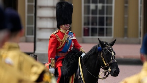 Britain's King Charles III attends the Trooping The Colour parade, in London, Saturday, June 17, 2023. (AP Photo/Alastair Grant) 