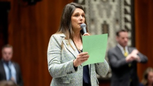 FILE - Democratic state Rep. Stephanie Stahl Hamilton, sponsor of a proposal to repeal Arizona's near-total ban on abortion, speaks on the floor of the Arizona House in Phoenix on April 17, 2024. (AP Photo/Matt York, File)