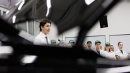 Prime Minister Justin Trudeau speaks during a tour of a Honda Manufacturing Plant in Alliston, Ont., Wednesday, April 5, 2023. THE CANADIAN PRESS/Cole Burston