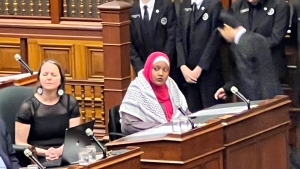 MPP Sarah Jama is seen in the Ontario Legislature on April 25, 2024 after she was asked to leave the chamber by House Speaker Ted Arnott. (CTV News Toronto/Siobhan Morris)