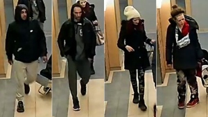 Police are looking for the suspect (left) and three persons of interest wanted in a homicide investigation in downtown Toronto on Wednesday, April 24. 2024. (TPS)