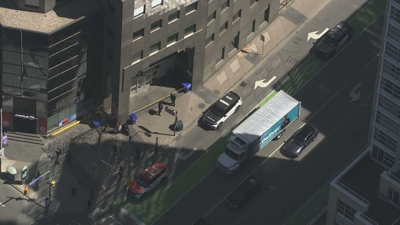 Emergency vehicles are shown outside Sherbourne Station on April 26 in this aerial photo. (CP24)