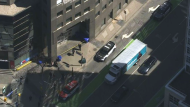 Emergency vehicles are shown outside Sherbourne Station on April 26 in this aerial photo. (CP24)