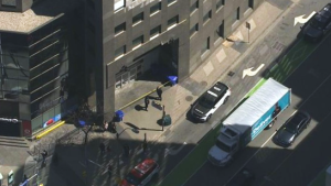 Emergency vehicles are shown outside Sherbourne Station on April 26 in this aerial photo. (CP24)
