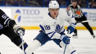 Toronto Maple Leafs right wing William Nylander (88) works around Tampa Bay Lightning left wing Austin Watson (51) and left wing Conor Sheary (73) during the first period of an NHL hockey game Wednesday, April 17, 2024, in Tampa, Fla. THE CANADIAN PRESS/AP-Chris O'Meara