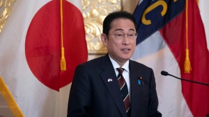 Japan Prime Minister Fumio Kishida addresses a luncheon in his honor at the North Carolina Executive Mansion, Friday, April 12, 2024, in Raleigh, N.C. (Robert Willett/The News & Observer via AP, Pool)