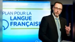 Minister of the French Language Jean-François Roberge holds a news conference concerning the Plan for the French language in Montreal, Sunday, April 28, 2024. THE CANADIAN PRESS/Graham Hughes