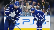 Maple Leafs centre Auston Matthews has been sidelined by a "lingering illness" as Toronto stares down playoff elimination. Matthews (34) and Morgan Rielly (44) react after Boston Bruins' Brad Marchand scored an empty-net goal during third period action in Game 3 of an NHL hockey Stanley Cup first-round playoff series in Toronto on Wednesday, April 24, 2024. THE CANADIAN PRESS/Nathan Denette