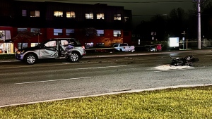 One person was critically injured after a motorcycle and vehicle collided in Mississauga on Sunday. (Mike Nguyen/ CP24)