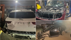 A number of high-end vehicles were in the process of being dismantled and sold for parts at a Mississauga body shop. (Peel Regional Police)