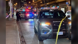 Police are investigating after a woman was stabbed near Yonge and Dundas streets on April 30. (Simon Sgeehan/CP24)