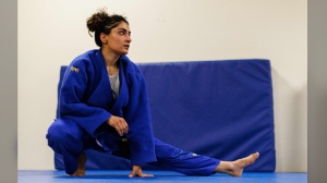 Nigara Shaheen is shown during her judo training at the Toronto Pan Am Sports Centre in Toronto on Jan. 19, 2023. Shaheen has been named to the Olympic refugee team for the Paris Games.THE CANADIAN PRESS/HO-UNHCR/Cole Burston 