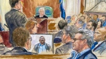 This artist sketch depicts Salah Al-Ejaili, foreground right with glasses, a former Al-Jazeera journalist, before the U.S. District Court in Alexandria, Va., April 16, 2024. (Dana Verkouteren via AP, File)
