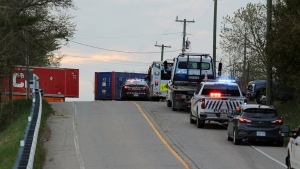Police are on the scene of a collision between a car and a train in Caledon on Saturday, May 4, 2024. (Jacob Estrin for CTV News Toronto)