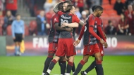Toronto FC forward Federico Bernardeschi (10) celebrates with teammates after scoring on FC Dallas goalkeeper Maarten Paes during first half MLS action in Toronto, Saturday, May 4, 2024. THE CANADIAN PRESS/Christopher Katsarov
