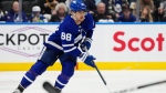 Toronto Maple Leafs' William Nylander (88) moves the puck up the ice against the Boston Bruins during second period action in Game 4 of an NHL hockey Stanley Cup first-round playoff series in Toronto on Saturday, April 27, 2024. THE CANADIAN PRESS/Frank Gunn