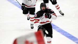 Gavin McKenna had a hat trick and added an assist as Canada rallied past the United States 6-4 on Sunday to win gold at the under-18 men's world hockey championship. McKenna celebrates his 3-3 equalizer on power play during the 2024 IIHF ice hockey U18 world championships final match between the United States and Canada in Espoo, Finland, Sunday, May 5, 2024. THE CANADIAN PRESS/AP-Lehtikuva, Jussi Nukari, *MANDATORY CREDIT*