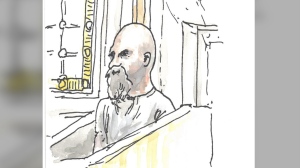 Jeremy Skibicki appears in a courtroom sketch in Winnipeg on Monday, May 6, 2024. Skibicki has admitted to killing four women but claims he's not criminally responsible because of mental illness. THE CANADIAN PRESS/James Culleton POOL