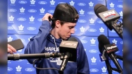 Toronto Maple Leafs' Mitch Marner speaks to the media in Toronto on Monday May 6, 2024, after his team's season ending loss to Boston Bruins in the first round of the NHL Stanley Cup playoffs. THE CANADIAN PRESS/Chris Young