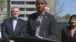 TTC Chair Jamaal Myers speaks at a news conference alongside TTC CEO, Rick Leary and Mary Olivia Chow Tuesday, May 7, 2024. 