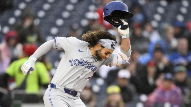 Toronto Blue Jays' Bo Bichette reacts after he struck out during the fifth inning of a baseball game against the Washington Nationals, in Washington, Saturday, May 4, 2024. Bichette was ejected from the game. THE CANADIAN PRESS/AP-Nick Wass