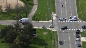 Peel police are on the scene of a shooting near Chinguacousy Park in Brampton on Tuesday, May 7, 2024. (Chopper24)