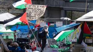 Pro-Palestinian activists at their encampment on McGill University campus, in Montreal, Monday, May 6, 2024. THE CANADIAN PRESS/Ryan Remiorz
