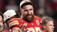FILE - Kansas City Chiefs tight end Travis Kelce (87) waves after the NFL Super Bowl 58 football game against the San Francisco 49ers Sunday, Feb. 11, 2024, in Las Vegas. The tight end has been cast on FX's "American Horror Story: Grotesquerie" season. (AP Photo/Frank Franklin II, File)