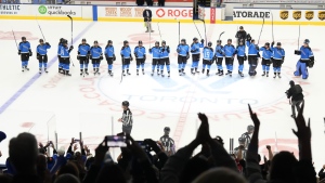 Toronto players acknowledge the crowd after their 4-0 win over Minnesota in PWHL playoff hockey action in Toronto, on Wednesday, May 8, 2024.THE CANADIAN PRESS/Chris Young 