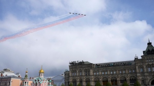 Russian Air Force Su-25 jets fly over Red Square during the Victory Day military parade in Moscow on Thursday, May 9, 2024.(Alexander Zemlianichenko / AP Photo)