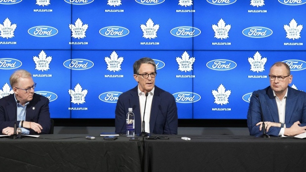 New Maple Leafs Sports & Entertainment president Keith Pelley, left, Maple Leafs president Brendan Shanahan, centre, and Maple Leafs general manager Brad Treliving speak to the media during a press conference in Toronto on Friday, May 10, 2024. THE CANADIAN PRESS/Nathan Denette