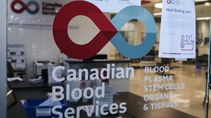 Canadian Blood Services says it has issued an apology to LGBTQ+ groups for a past policy that banned gay and bisexual men from donating blood. A blood donor clinic pictured at a shopping mall in Calgary, Alta., Friday, March 27, 2020. THE CANADIAN PRESS/Jeff McIntosh