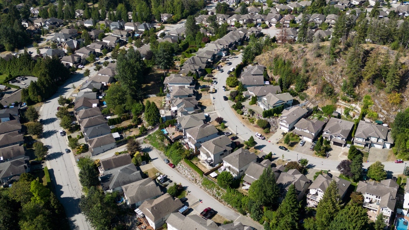 Houses are seen in a neighbourhood on the side of a mountain, in Maple Ridge, B.C., on Thursday, August 17, 2023. THE CANADIAN PRESS/Darryl Dyck
