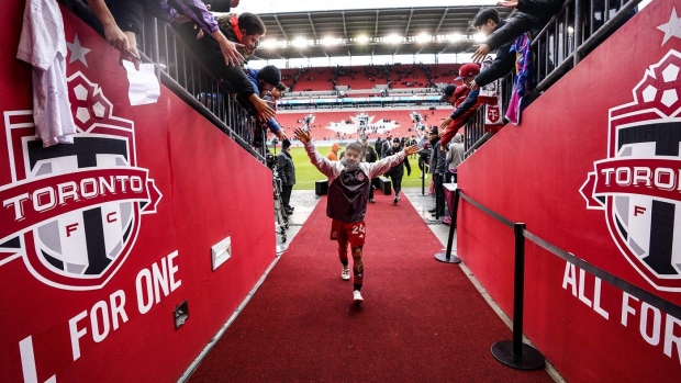 Toronto FC's Lorenzo Insigne greets fans after scoring the game-winning goal in his team's 1-0 win over Charlotte FC in MLS action in Toronto, Saturday, March 9, 2024. THE CANADIAN PRESS/Chris Young