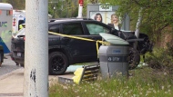 Police are investigating after a vehicle struck a bus shelter in Bridle Path on Friday, May 10, 2024.