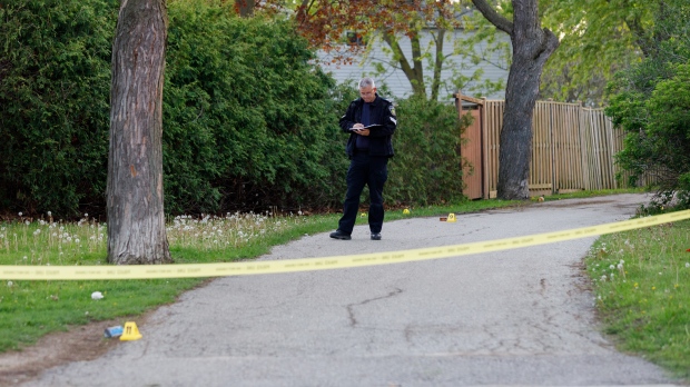 A police officer is on the scene of a stabbing at a park in Brampton on Friday, May 10, 2024. (Jacob Estrin for CTV Toronto)