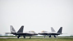 U.S. Air Force F-22 Raptor fighter jets that were flown Monday, April 25, 2016 (AP Photo/Andreea Alexandru) ROMANIA OUT