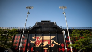 The Toronto Argonauts opened their training camp at the University of Guelph's Alumni Stadium without quarterback Chad Kelly. Guelph Gryphons logo seen on the side of the stadium at the University of Guelph ahead of preseason CFL football action in Guelph, Ont., Friday, June 3, 2022. THE CANADIAN PRESS/Nick Iwanyshyn