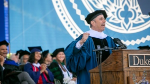 Commencement speaker Jerry Seinfeld speaks during the school's graduation ceremony, Sunday, May 12, 2024, in Durham, N.C. (Bill Snead/Duke University via AP)