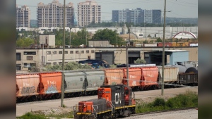 CN rail trains are shown in Vaughan, Ont.