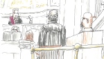 Court of King's Bench Chief Justice Glenn Joyal, left, defence lawyer Leonard Tailleur, centre, and Jeremy Skibicki, right, are shown in this courtroom sketch in Winnipeg on April 29, 2024. THE CANADIAN PRESS/James Culleton POOL