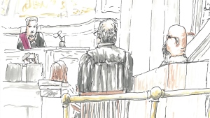 Court of King's Bench Chief Justice Glenn Joyal, left, defence lawyer Leonard Tailleur, centre, and Jeremy Skibicki, right, are shown in this courtroom sketch in Winnipeg on April 29, 2024. THE CANADIAN PRESS/James Culleton POOL