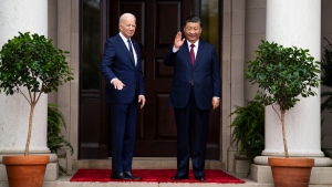 FILE - U.S. President Joe Biden greets China's President President Xi Jinping at the Filoli Estate in Woodside, Calif., on Nov, 15, 2023, on the sidelines of the Asia-Pacific Economic Cooperative conference. (Doug Mills/The New York Times via AP, Pool, File)