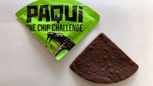 A Paqui One Chip Challenge chip is displayed in Boston on Sept. 8, 2023. (Steve LeBlanc / AP Photo) 