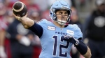 Toronto Argonauts quarterback Chad Kelly has formally withdrawn from the CFL club's training camp. Kelly (12) makes the pass during first half CFL Eastern Division final football action against the Montreal Alouettes, in Toronto, Saturday, Nov. 11, 2023. THE CANADIAN PRESS/Frank Gunn