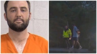 Scottie Scheffler is shown in a mug shot provided by the Louisville Metropolitan Department of Corrections on the left. On the right, Scheffler is escorted by police after being handcuffed near Valhalla Golf Club in a still image provided by ESPN. (ESPN via AP)